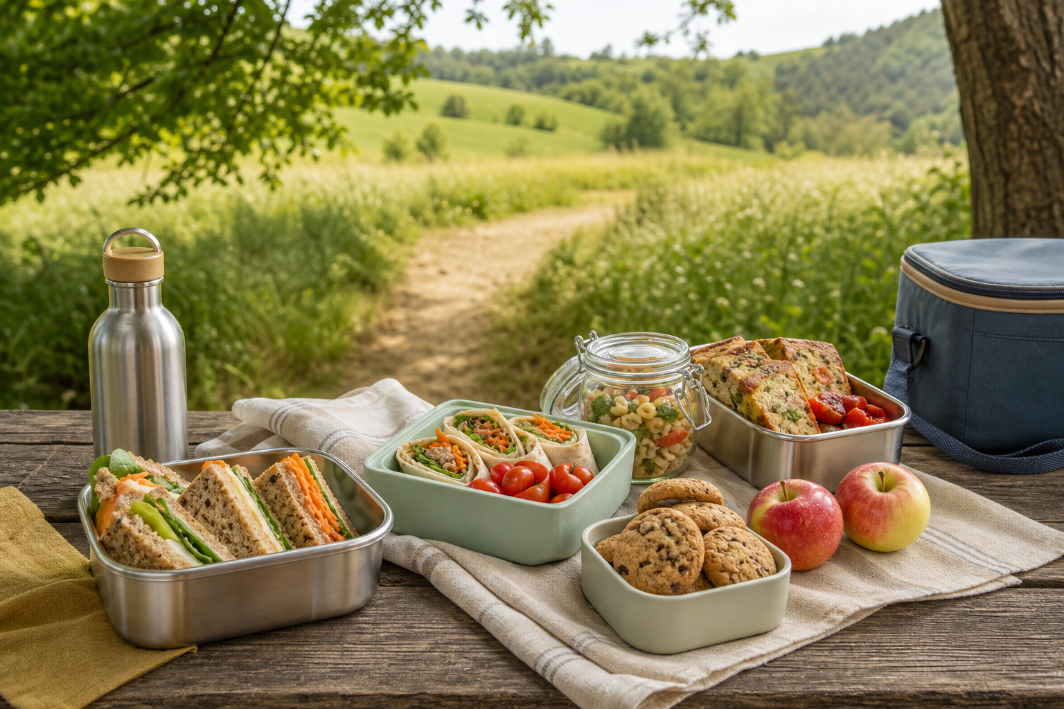 Pique-nique nature avec sandwichs, wraps, cake salé, salade, pommes et gourde