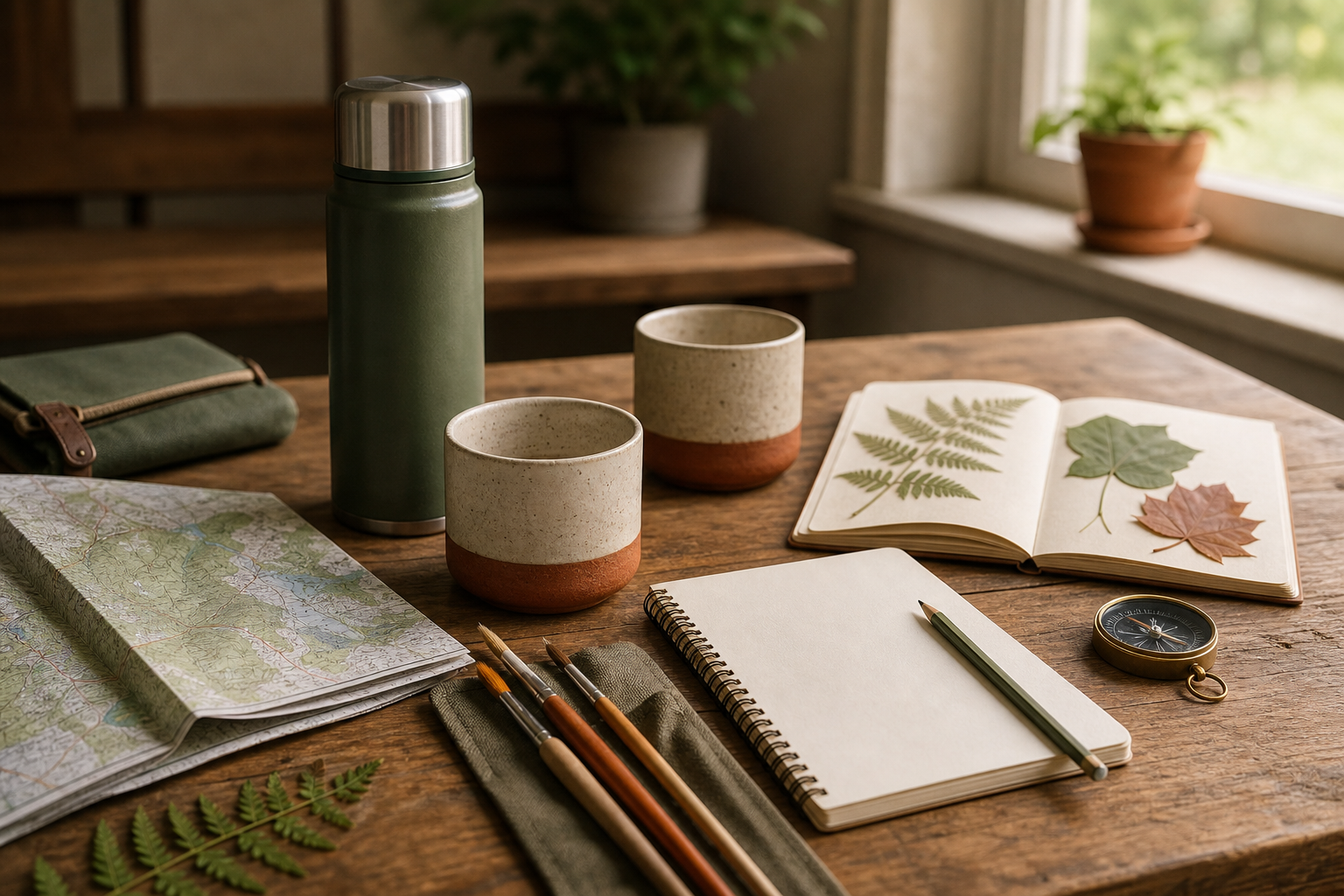 Table en bois avec carte, carnet, tasses et matériel d'atelier