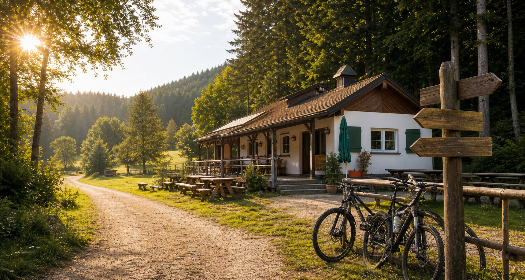Maison de loisirs au bord d'une forêt avec vélos et tables en bois